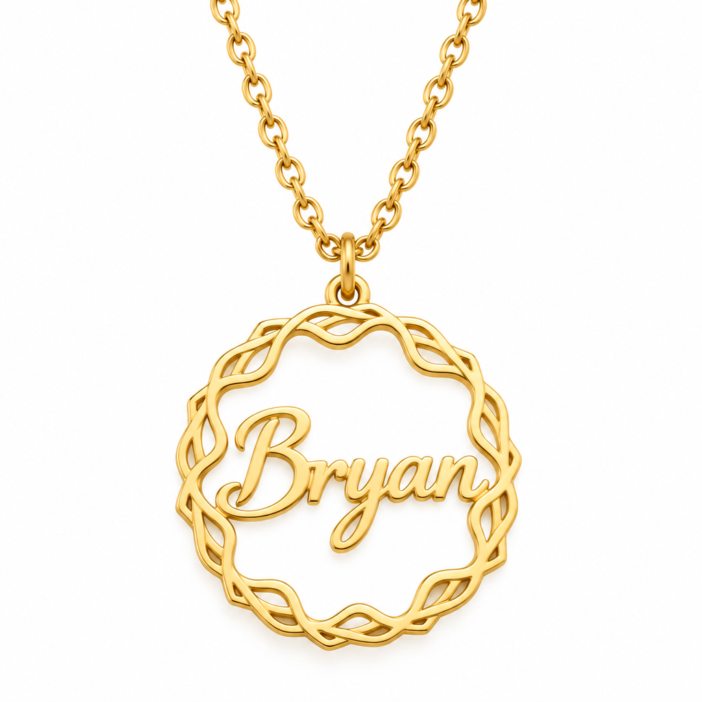 Collier prénom personnalisé enfant avec médaillon entrelacé de 2,5 cm
doré fond blanc bryan