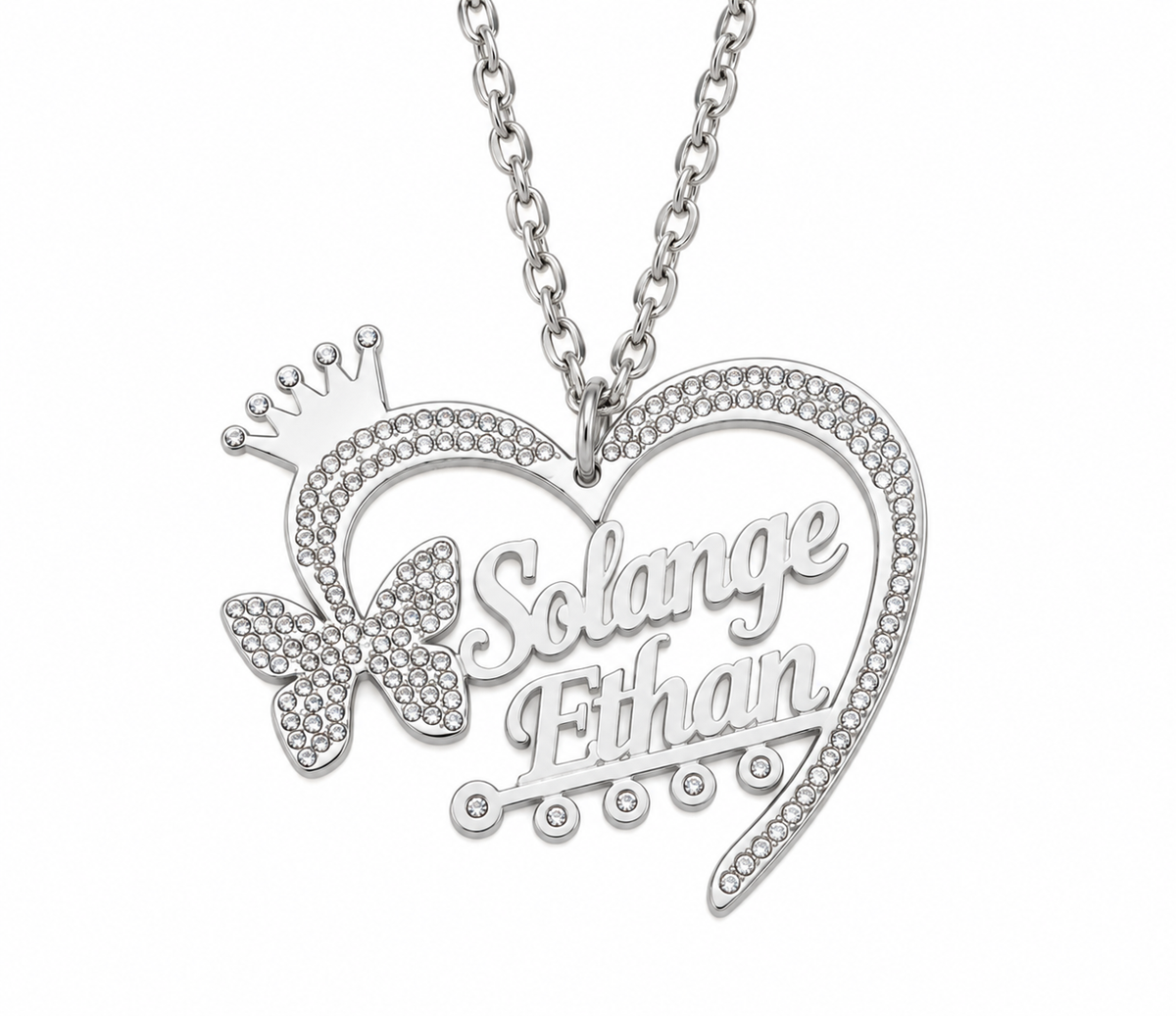 Collier cœur argenté personnalisé avec deux prénoms Solange et Effan 