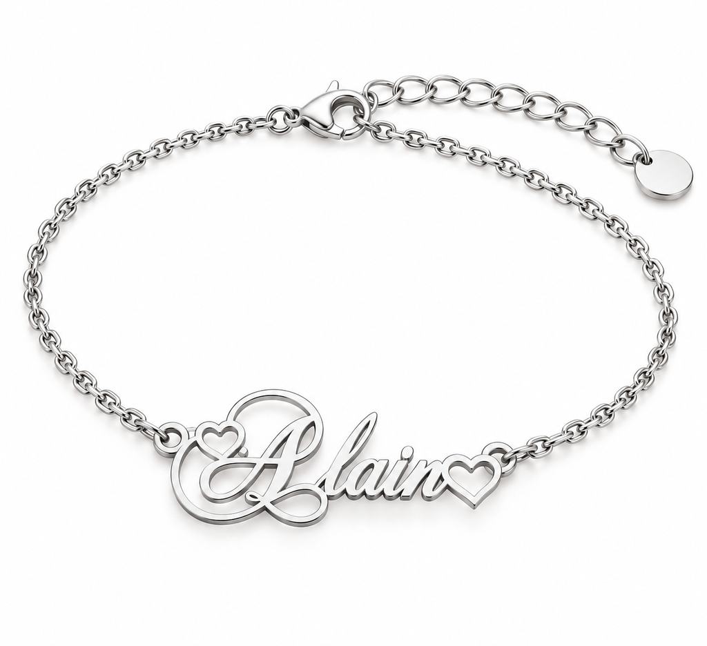 Chaîne de cheville MON AMOUR ARGENTE personnalisée avec prénom Alain et petits cœurs FOND BLANC