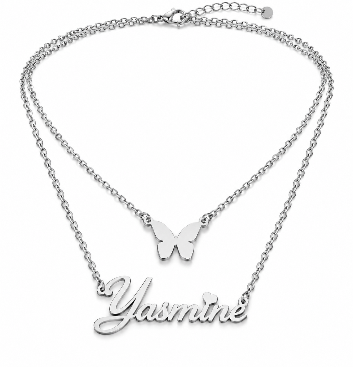 Collier double chaîne TENDRESSE argenté personnalisé avec prénom Yasmine et papillon fond blanc