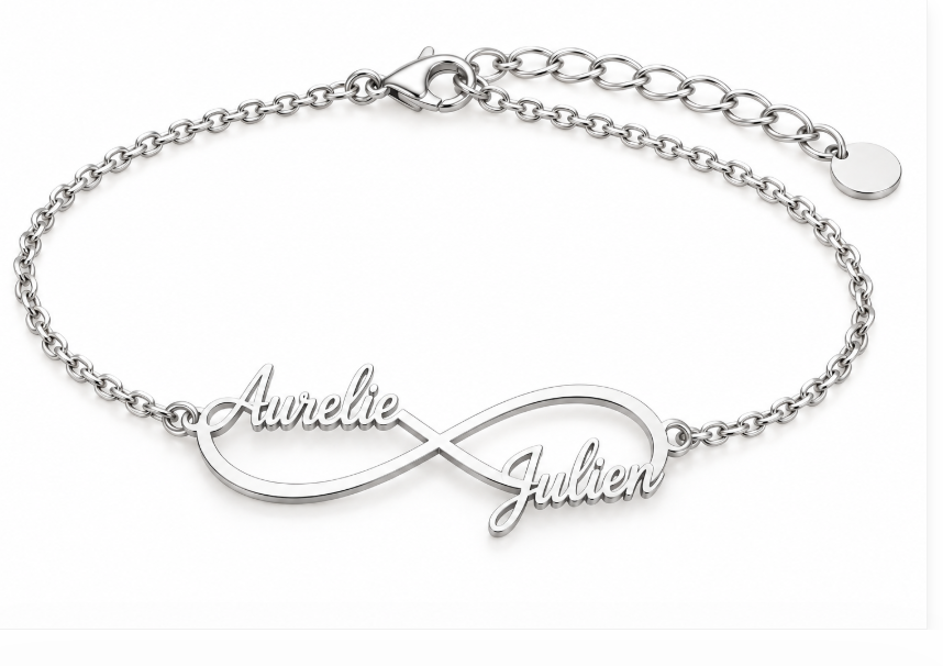 Chaîne de cheville INFINI argenté personnalisée avec prénoms Aurélie et Julien fond blanc