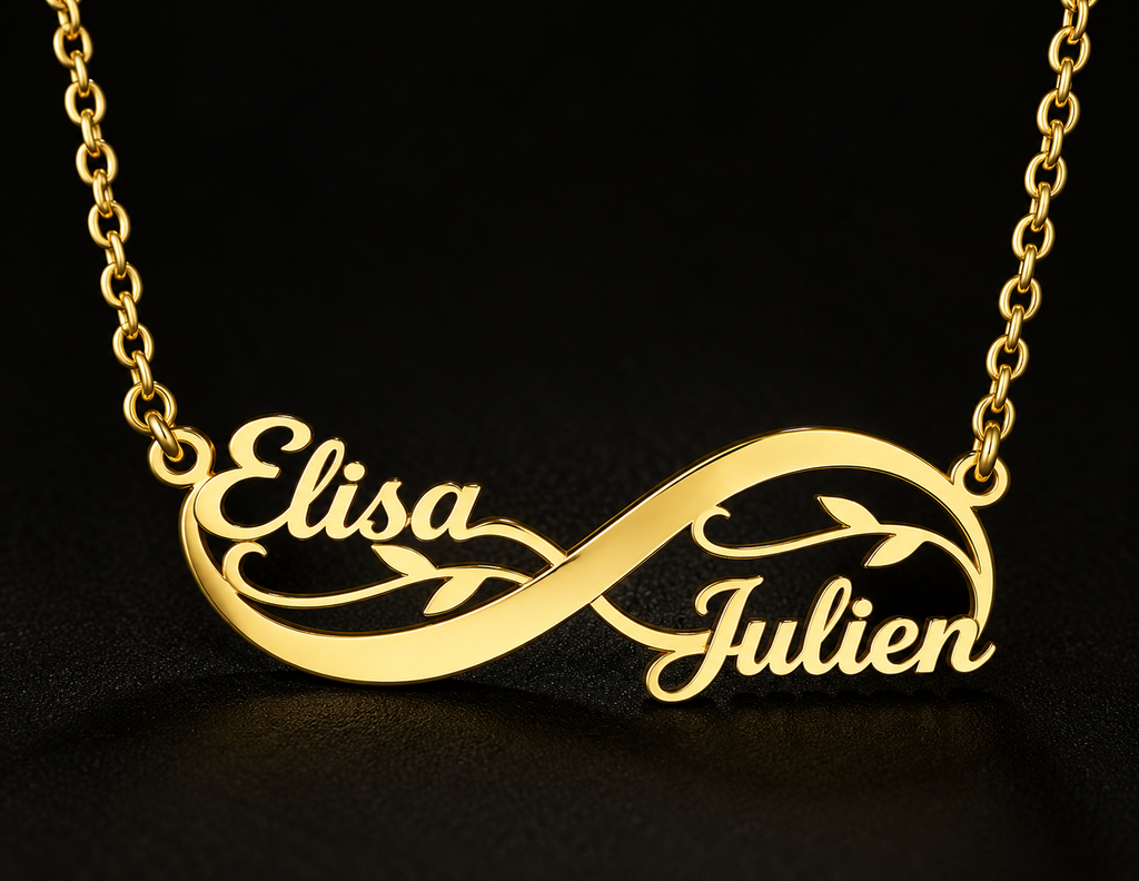 Collier infini fleuri doré personnalisé avec les prénoms Elisa et Julien FOND NOIR