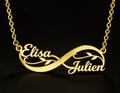 Collier infini fleuri doré personnalisé avec les prénoms Elisa et Julien FOND NOIR