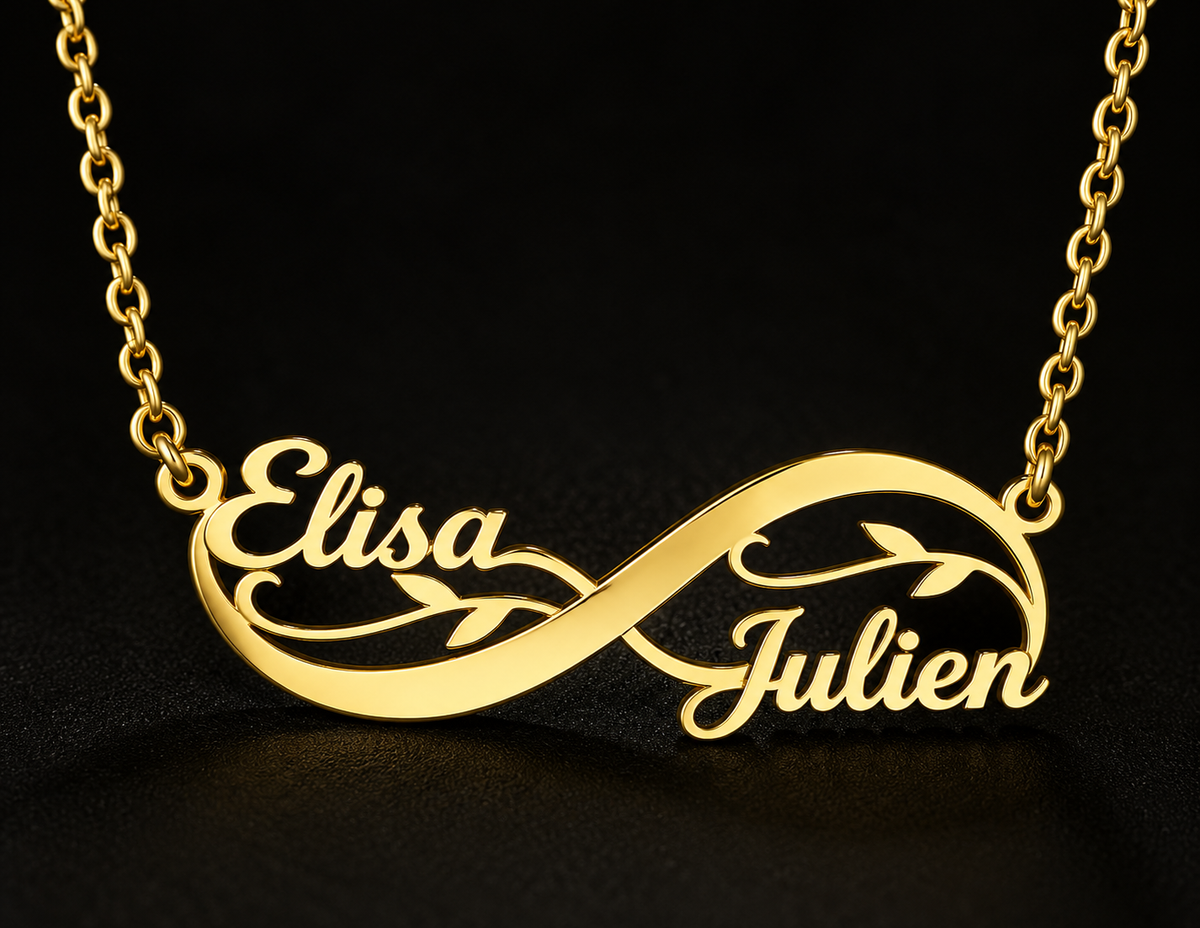 Collier infini fleuri doré personnalisé avec les prénoms Elisa et Julien FOND NOIR