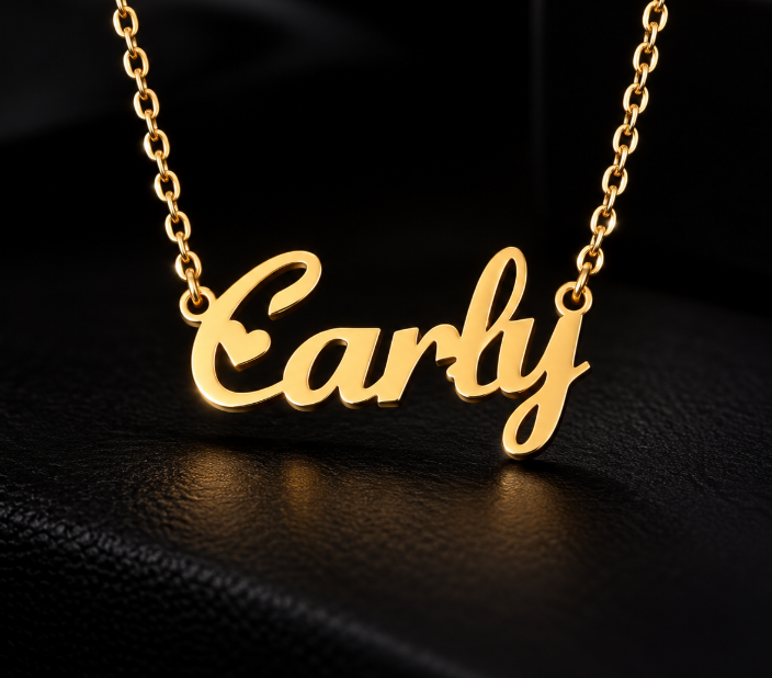 Collier prénom personnalisé enfant avec petit cœur – modèle mixte doré carly fond noir