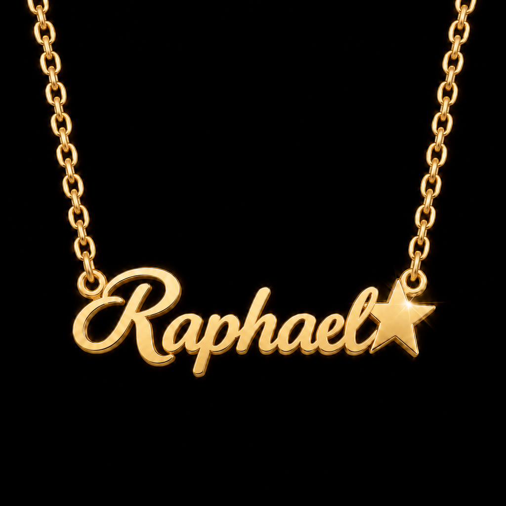Collier prénom et étoile personnalisé enfant mixte doré FOND noir raphael