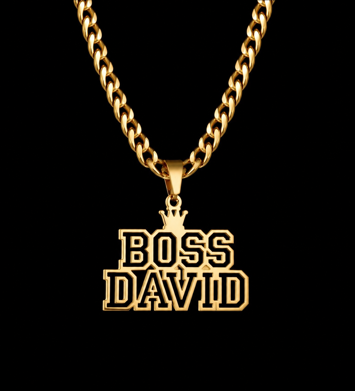 Collier DAVID doré personnalisé avec le texte Boss David et motif couronne fond noir