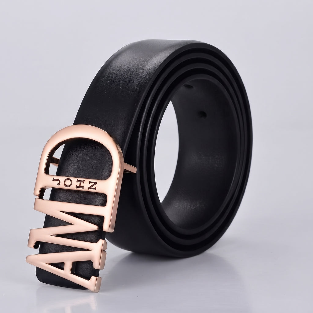 Ceinture AFFIRMATION noire personnalisée avec prénom et boucle or rose