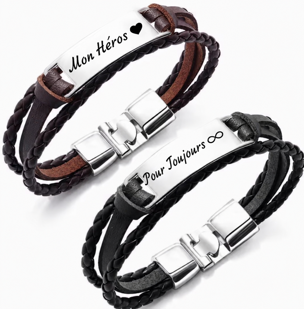 
Bracelet LIEN noir et cognac personnalisé avec message sur plaque argentée