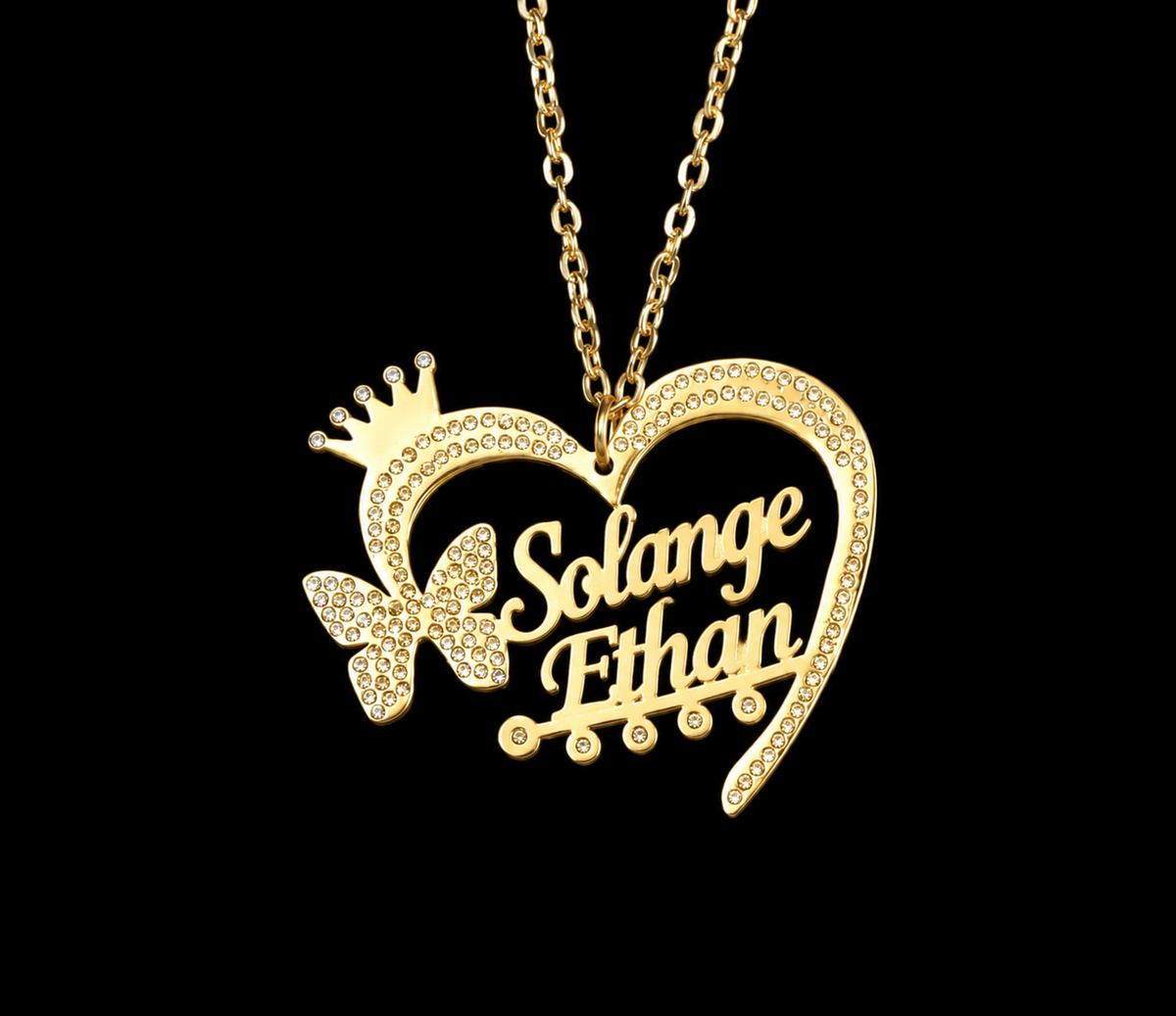 Collier cœur doré personnalisé avec deux prénoms Solange et Effan 