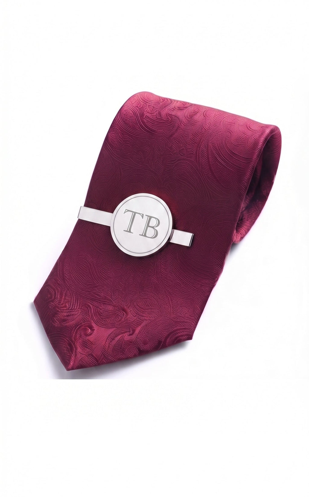Pince à cravate SIGNATURE argenté personnalisée avec monogramme TB sur fond blanc