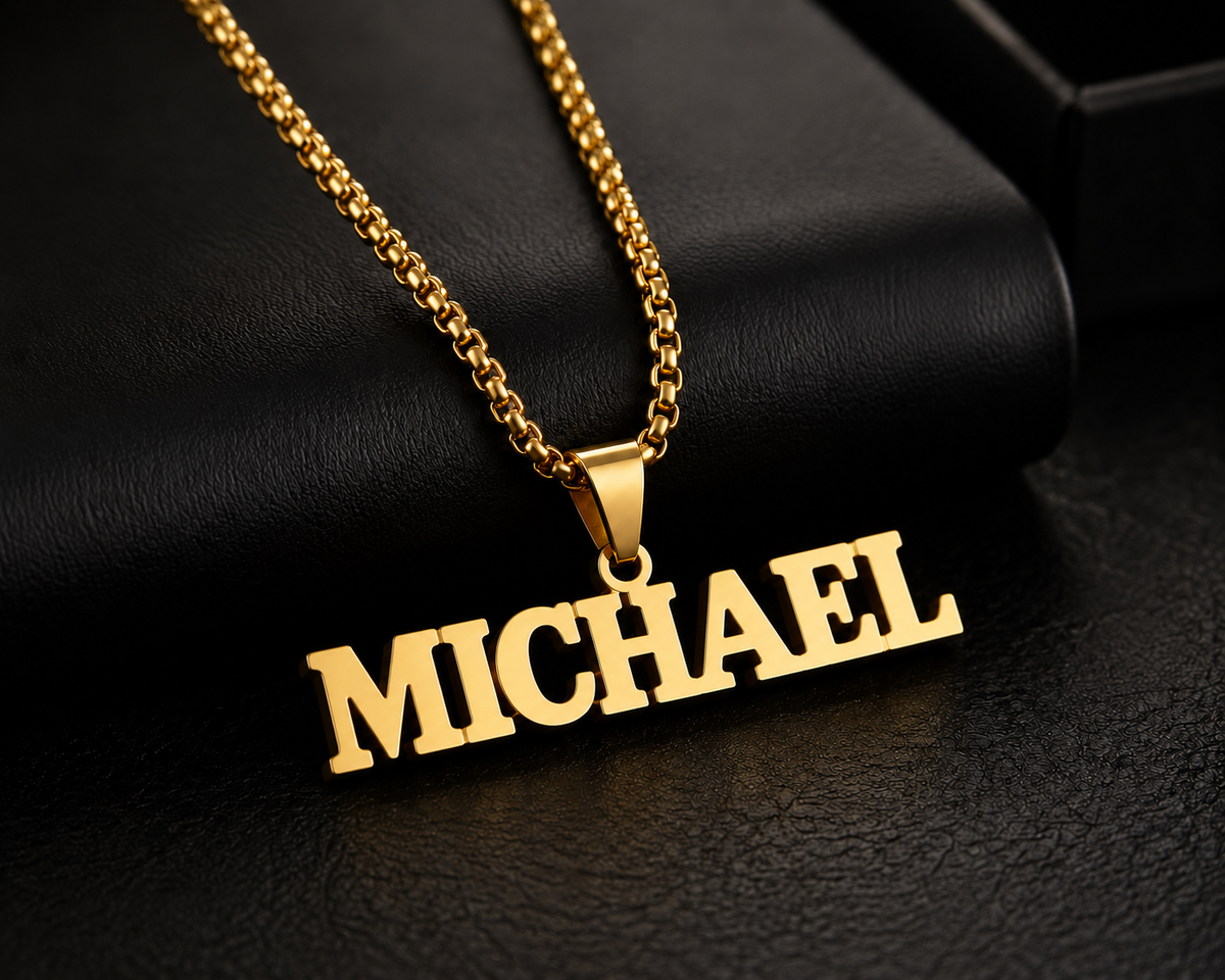 Collier prénom personnalisé garçon à grosses mailles – modèle BOLD FOND noir doré