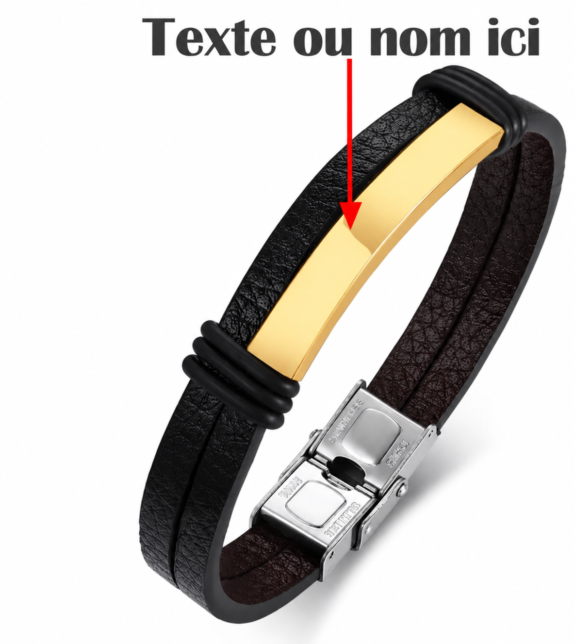 Bracelet ESSENTIEL en cuir noir personnalisé avec prénom et plaque dorée inscription