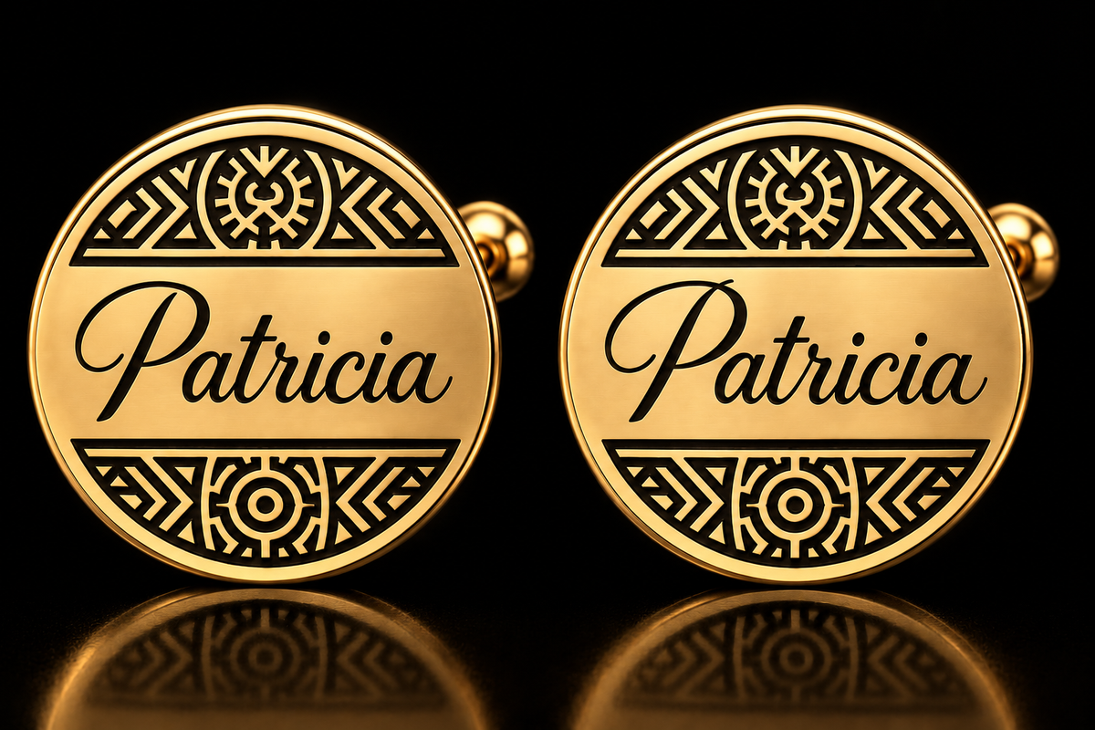 Boucles d’oreilles ROYALE dorées personnalisées avec prénom Patricia et motifs graphiques fond noir