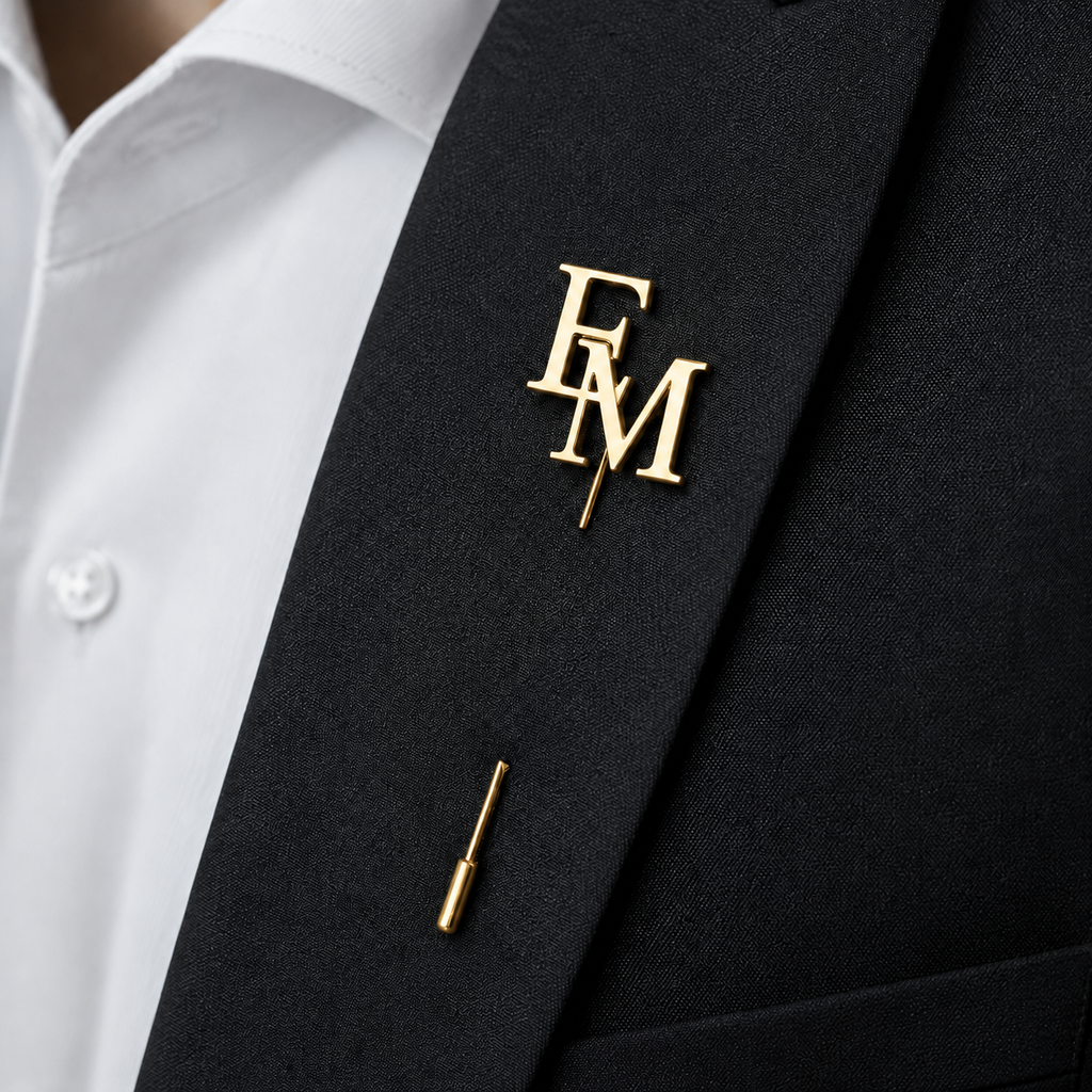 Pin’s à tige ÉLITE doré personnalisé avec les initiales EM porté sur une veste noire