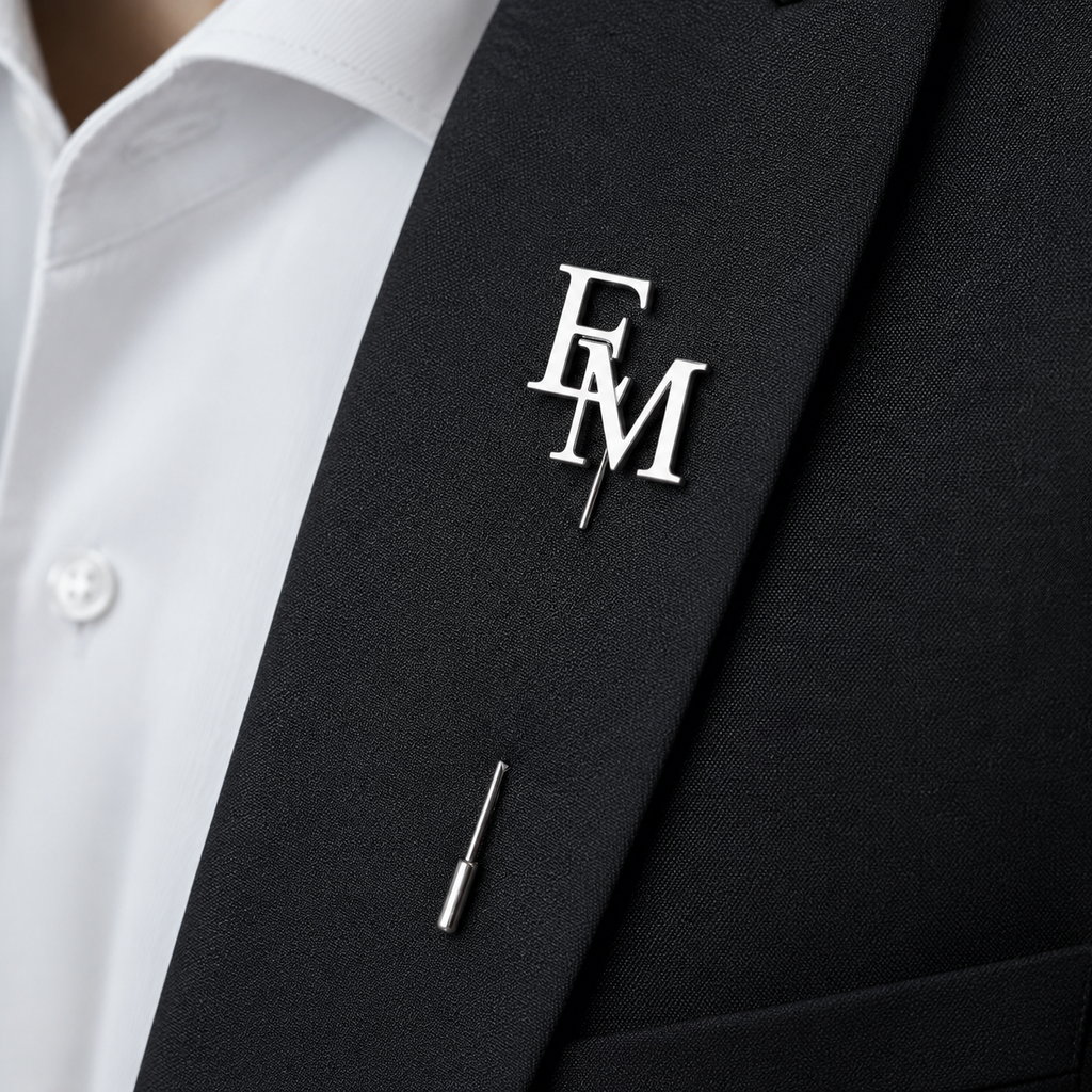 Pin’s à tige ÉLITE argenté personnalisé avec les initiales EM porté sur une veste noire