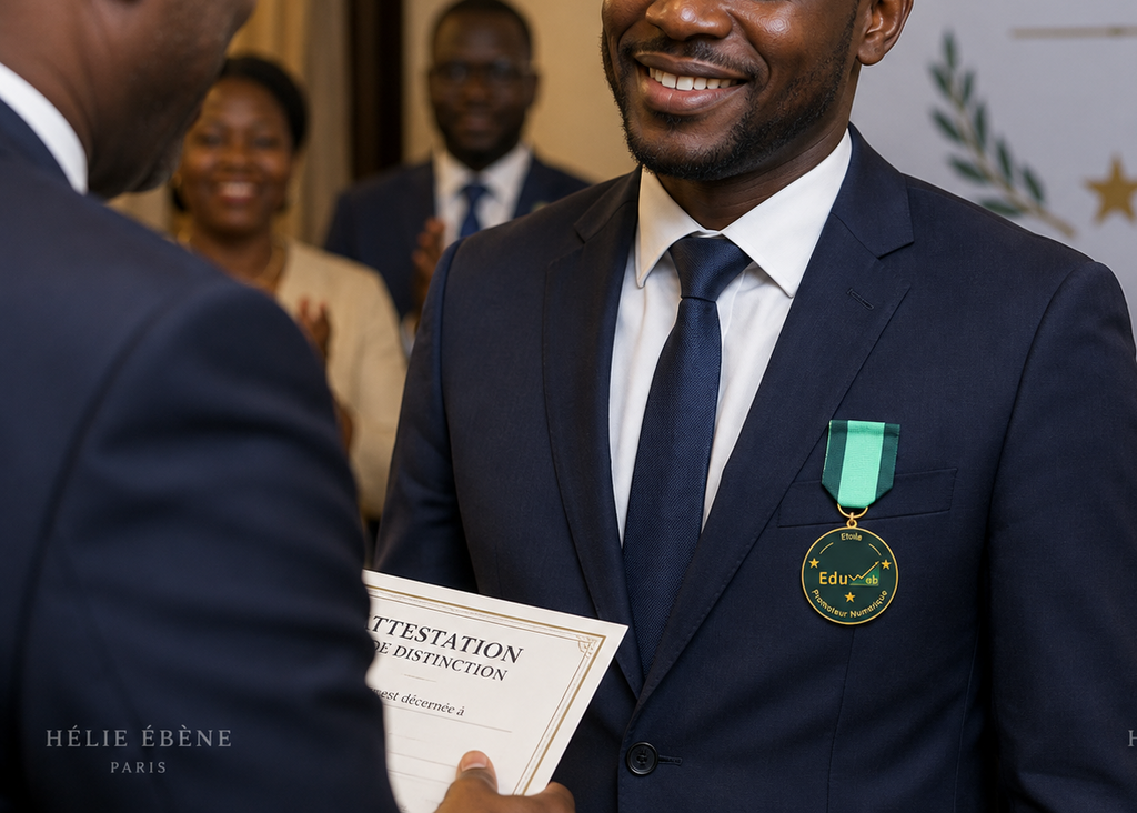 Médaille sur mesure personnalisée avec logo EduWeb et ruban vert portée sur un costume remise de diplôme