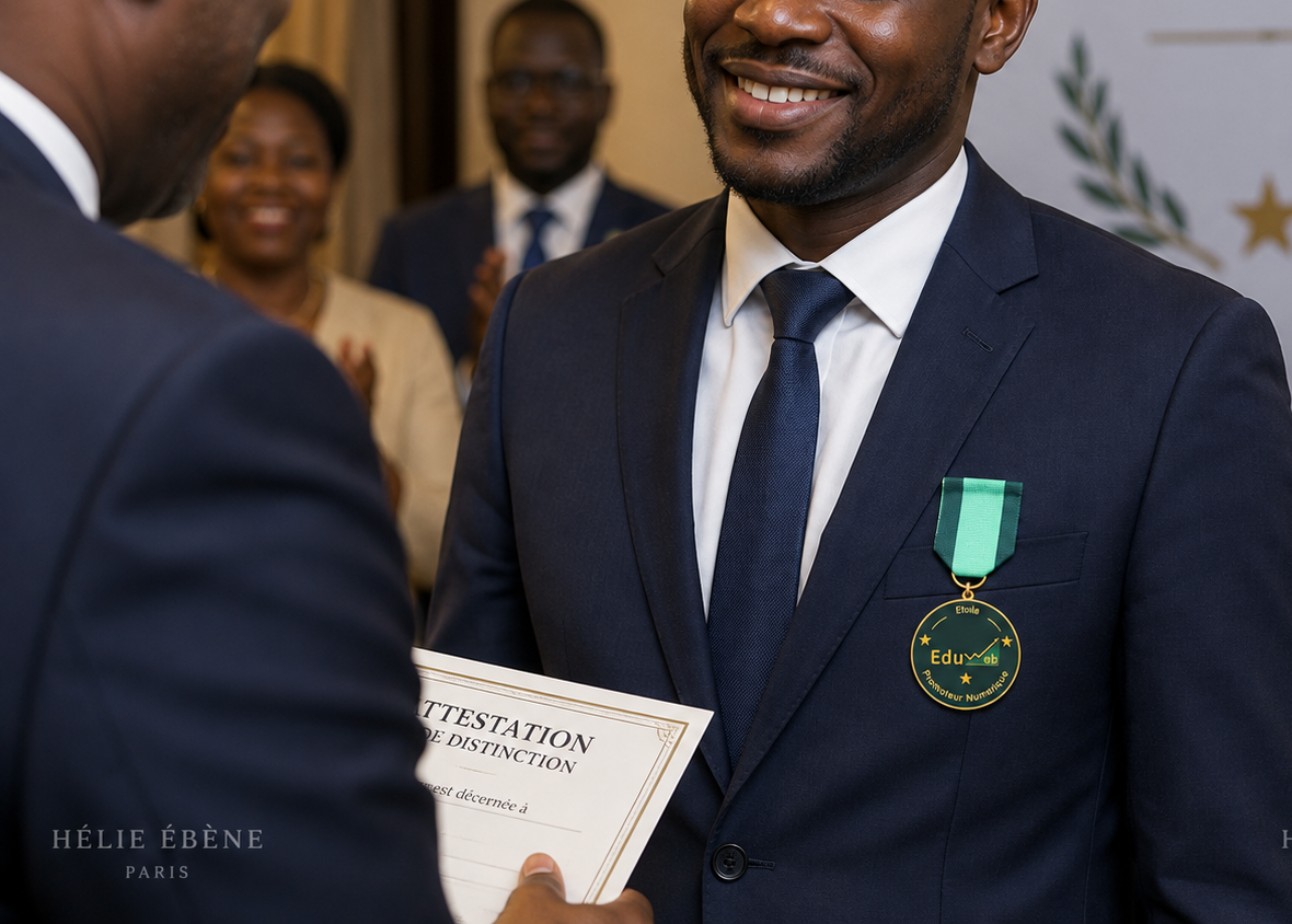Médaille sur mesure personnalisée avec logo EduWeb et ruban vert portée sur un costume remise de diplôme