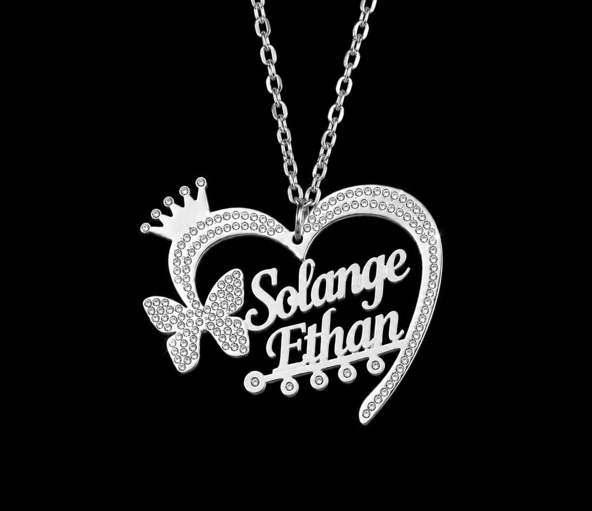 Collier cœur argenté personnalisé avec deux prénoms Solange et Effan 