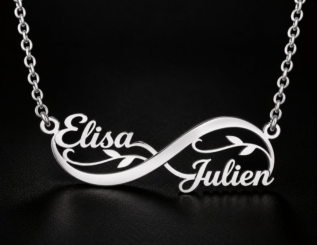 Collier infini fleuri personnalisé avec les prénoms Elisa et Julien argenté fond noir