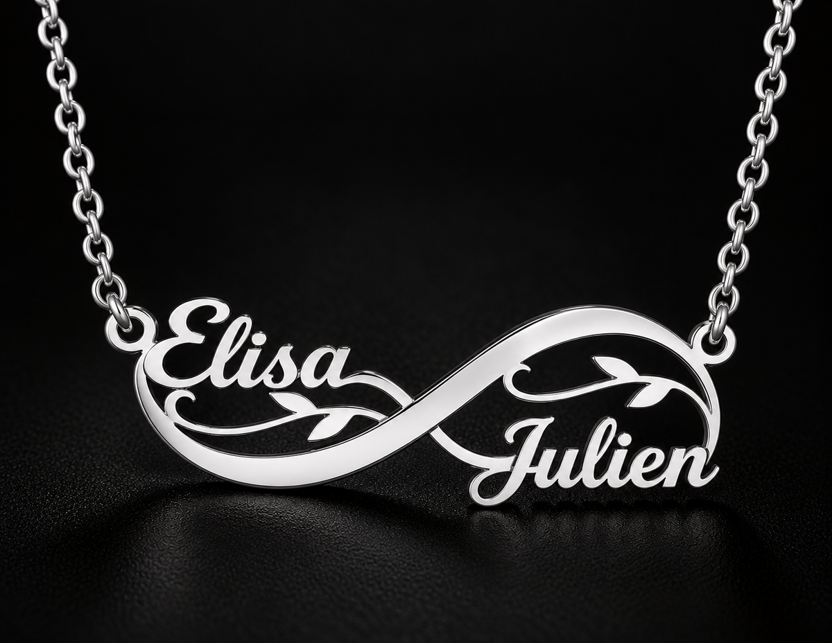 Collier infini fleuri personnalisé avec les prénoms Elisa et Julien argenté fond noir