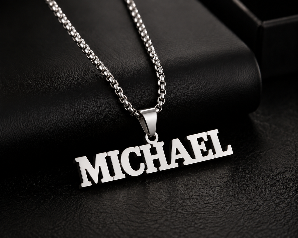 Collier prénom personnalisé garçon à grosses mailles – modèle BOLD FOND noir argenté