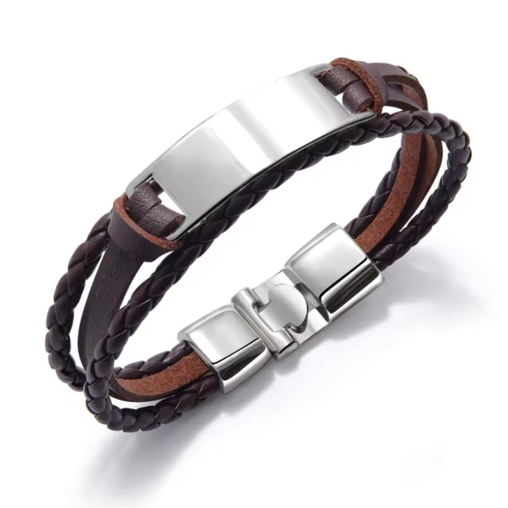 
Bracelet LIEN cognac seul personnalisé avec message sur plaque argentée