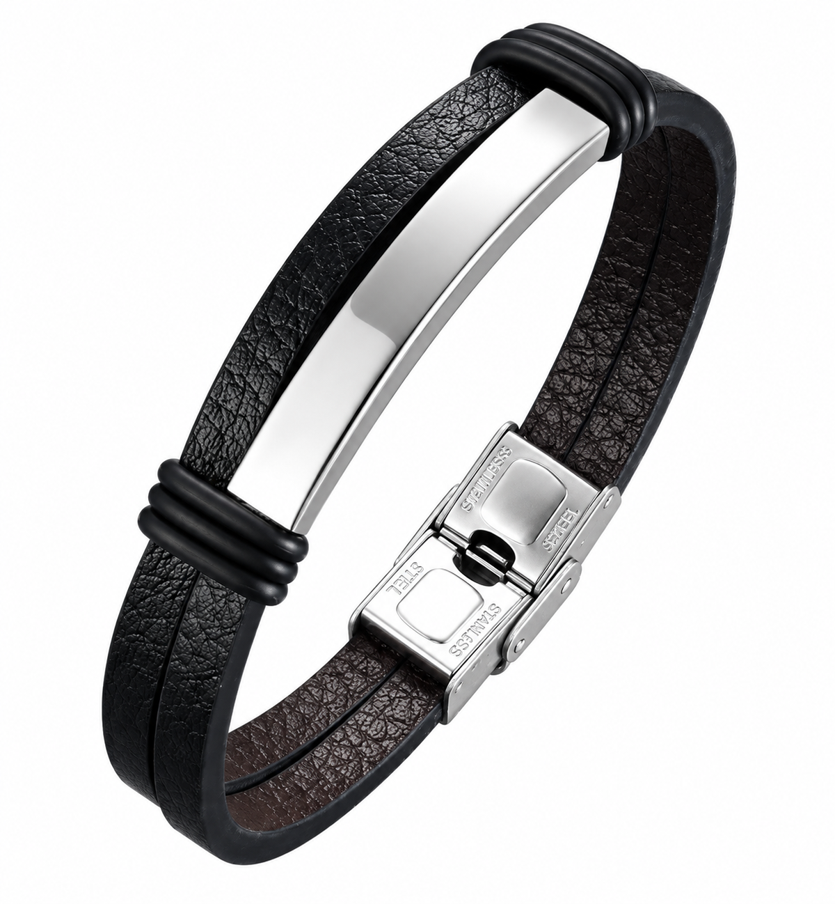 Bracelet ESSENTIEL en cuir noir personnalisé avec prénom et plaque argenté