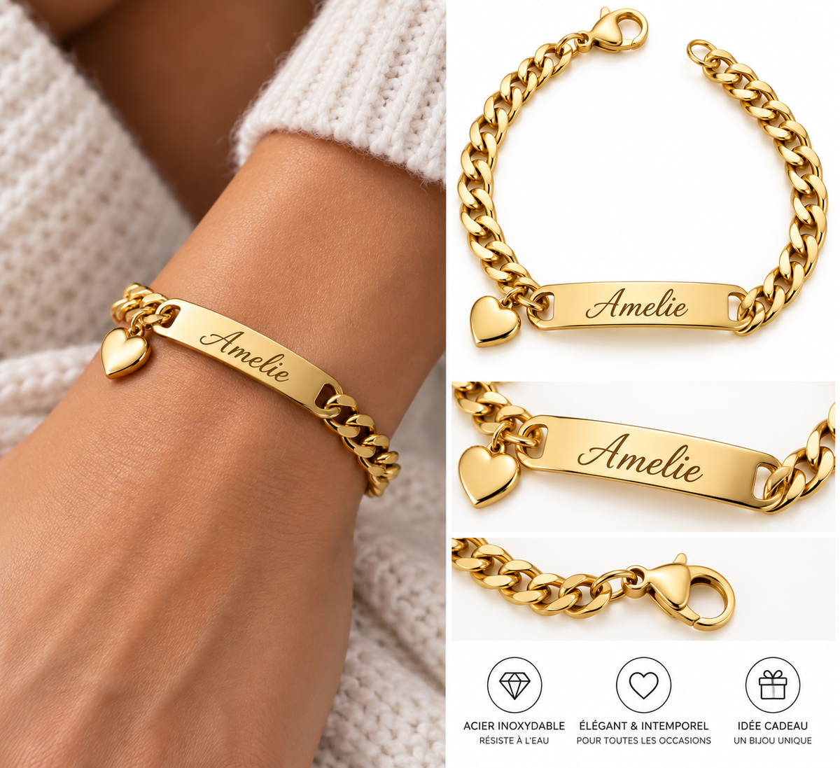 Bracelet CŒUR DE MAMAN doré personnalisé avec prénom Amelie et pendentif cœur porté