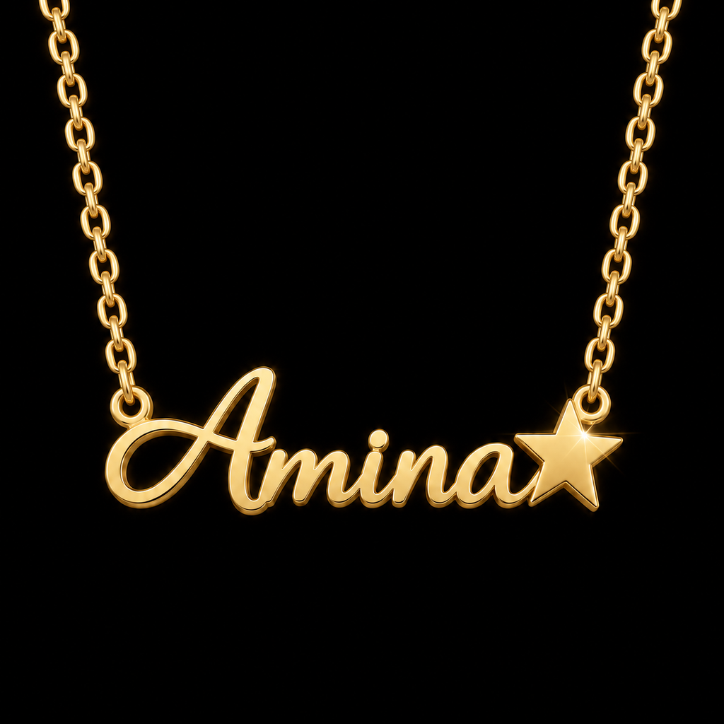 Collier prénom et étoile personnalisé enfant mixte doré FOND noir amina