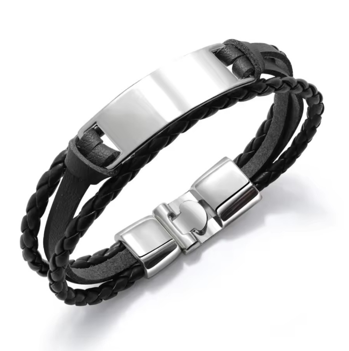 
Bracelet LIEN noir personnalisé avec message sur plaque argentée seul