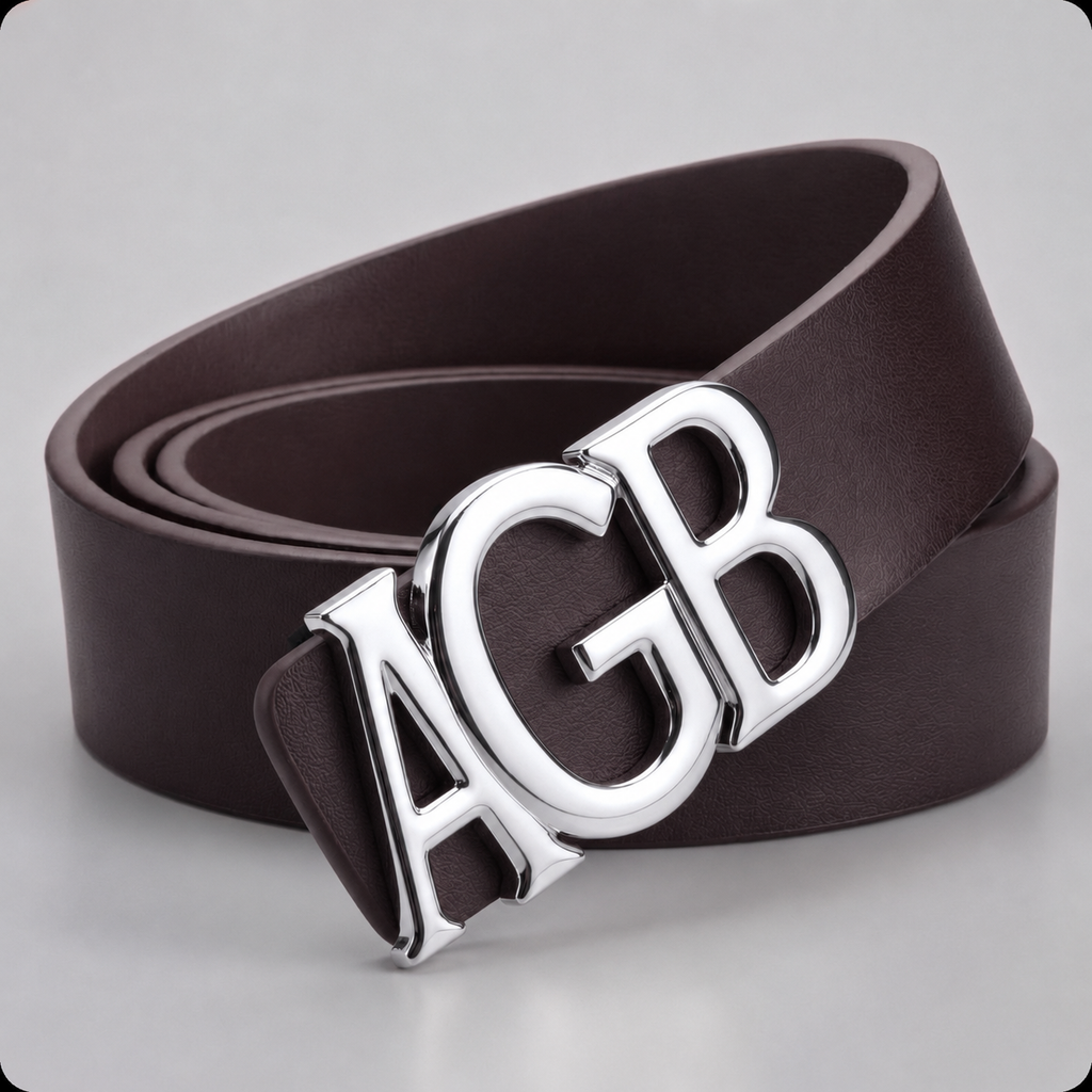 Ceinture IDENTITÉ chocolat personnalisée avec les initiales AGB et boucle argenté