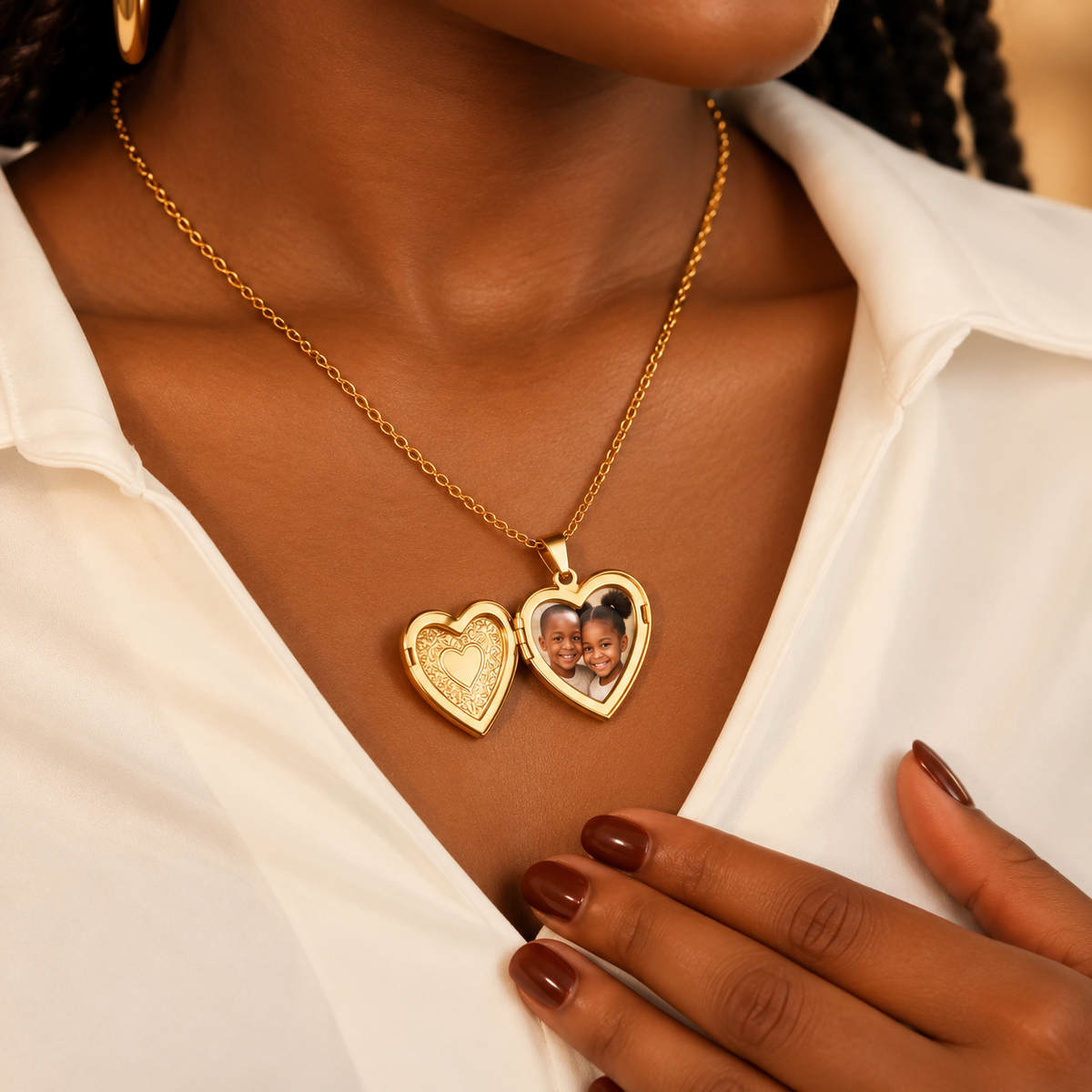 Collier DANS MON CŒUR doré avec médaillon cœur personnalisé et photo à l’intérieur porté