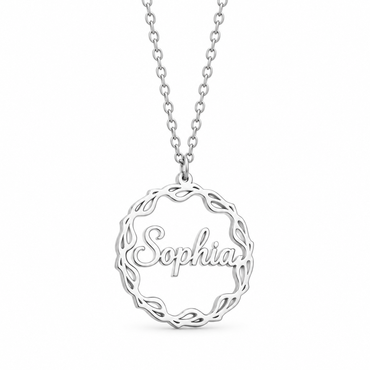 Collier prénom personnalisé enfant avec médaillon entrelacé de 2,5 cm
argenté fond blanc sophia