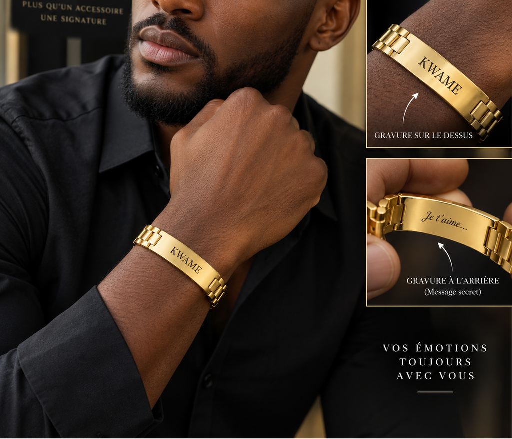 Bracelet MAJESTÉ doré grand modèle personnalisé avec gravure recto verso porté