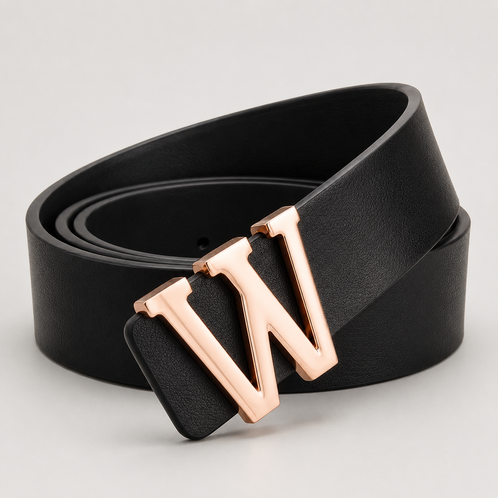 Ceinture ALPHABET noire avec boucle initiale W finition or rose
