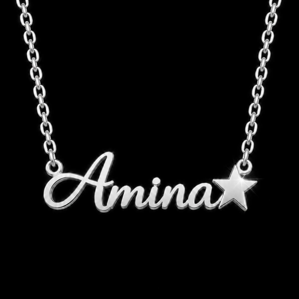Collier prénom et étoile personnalisé enfant mixte argenté FOND noir amina