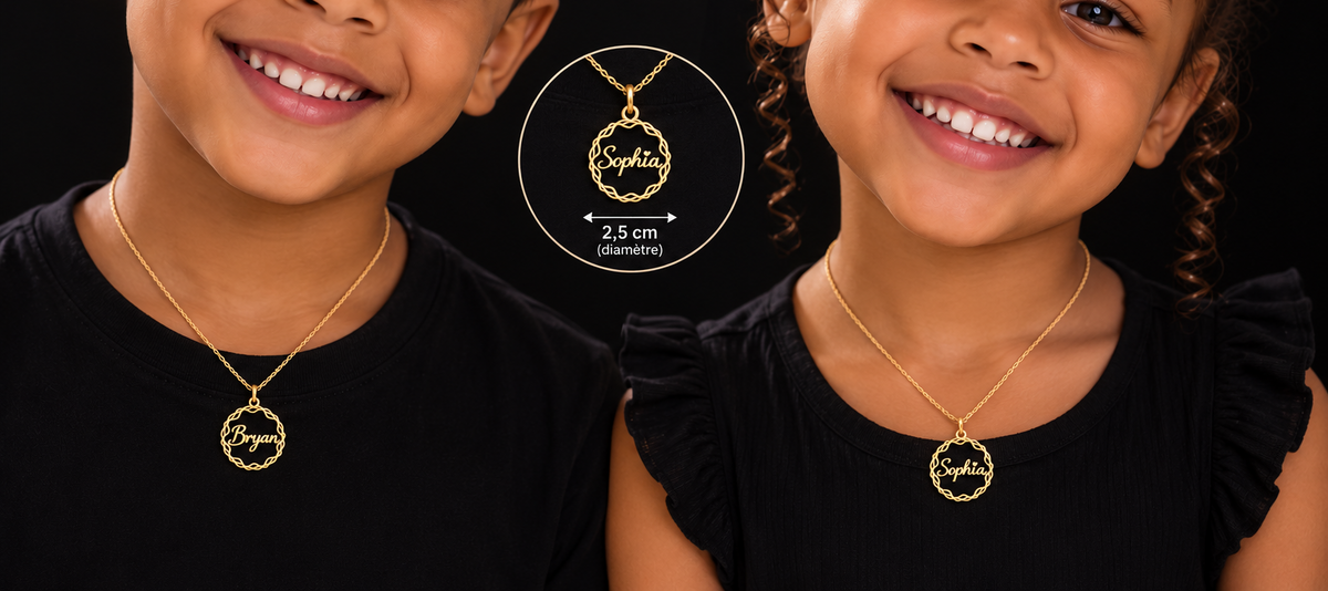 Collier prénom personnalisé enfant avec médaillon entrelacé de 2,5 cm
doré porté par bryan et sophia