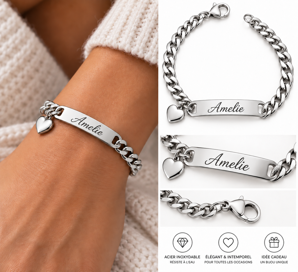 Bracelet CŒUR DE MAMAN argenté personnalisé avec prénom Amelie et pendentif cœur porté