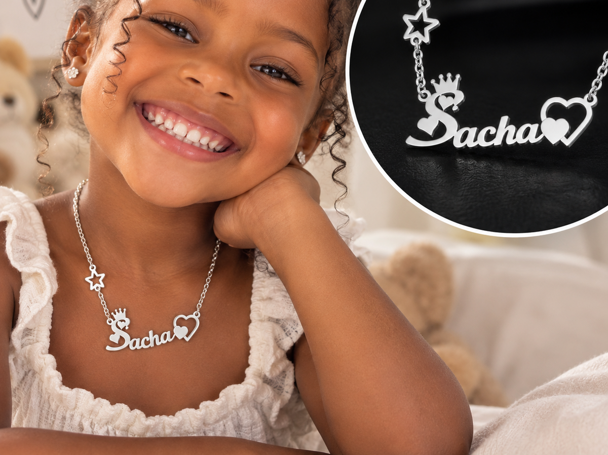 Collier prénom personnalisé fille avec couronne étoile et cœurs – PETITE REINE porté argenté
