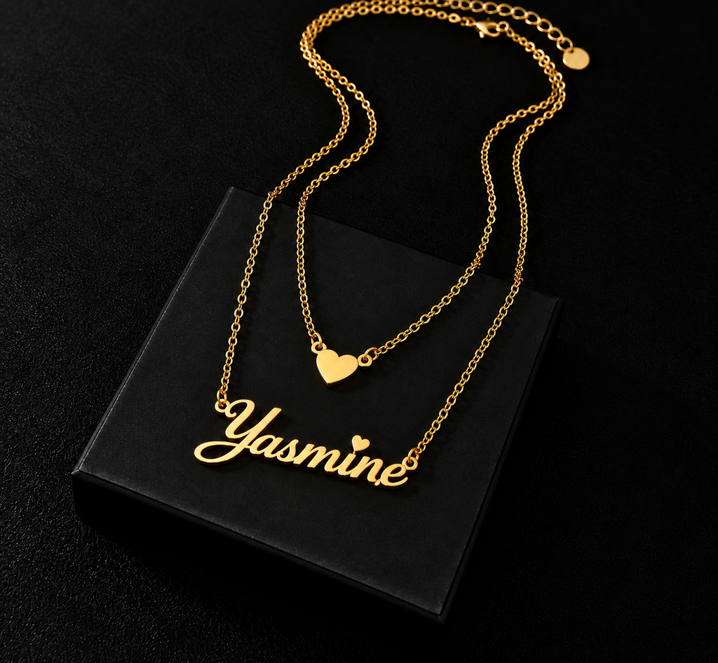 Collier double chaîne TENDRESSE doré personnalisé avec prénom Yasmine et cœur fond noir