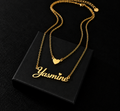 Collier double chaîne TENDRESSE doré personnalisé avec prénom Yasmine et cœur fond noir