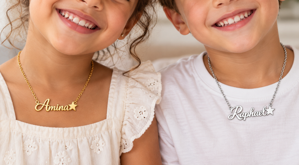 Collier prénom et étoile personnalisé enfant mixte doré et argenté porté par  raphael et amina