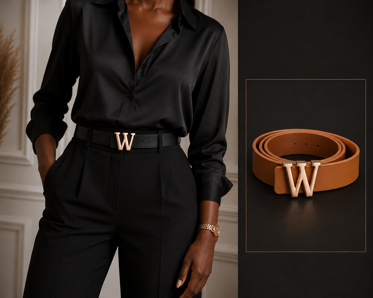 Ceinture personnalisée ALPHABET portée par une femme avec boucle finition or rose