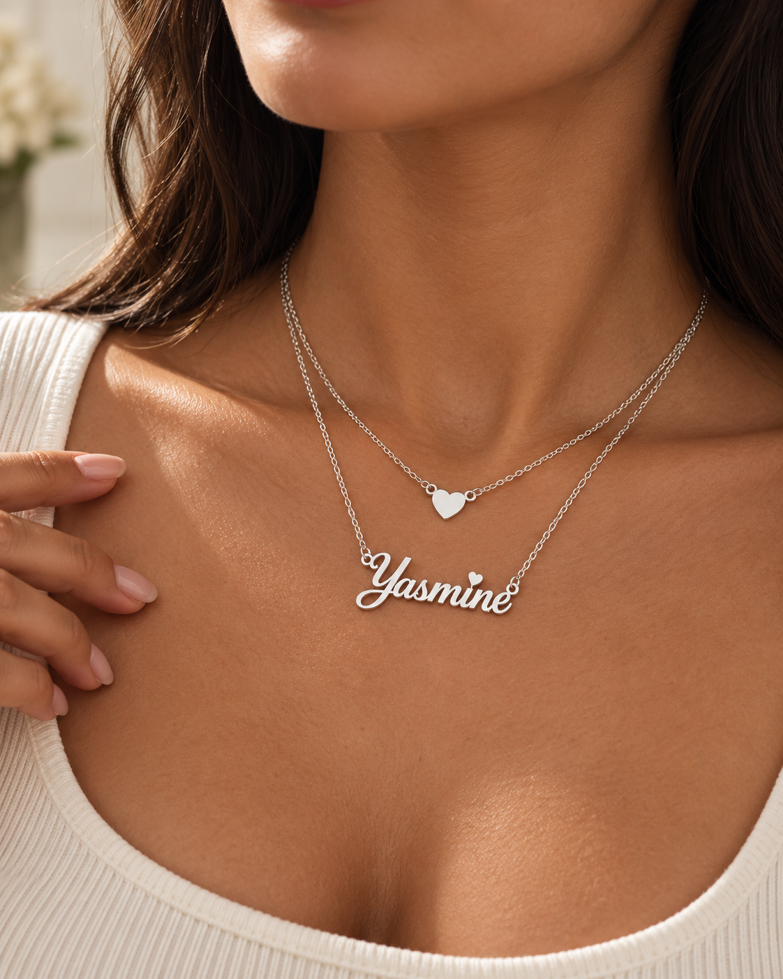 Collier double chaîne TENDRESSE argenté personnalisé avec prénom Yasmine et cœur porté