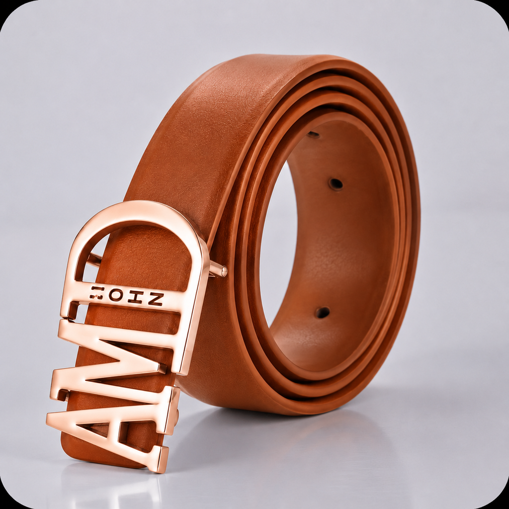Ceinture AFFIRMATION Camel personnalisée avec prénom et boucle or rose