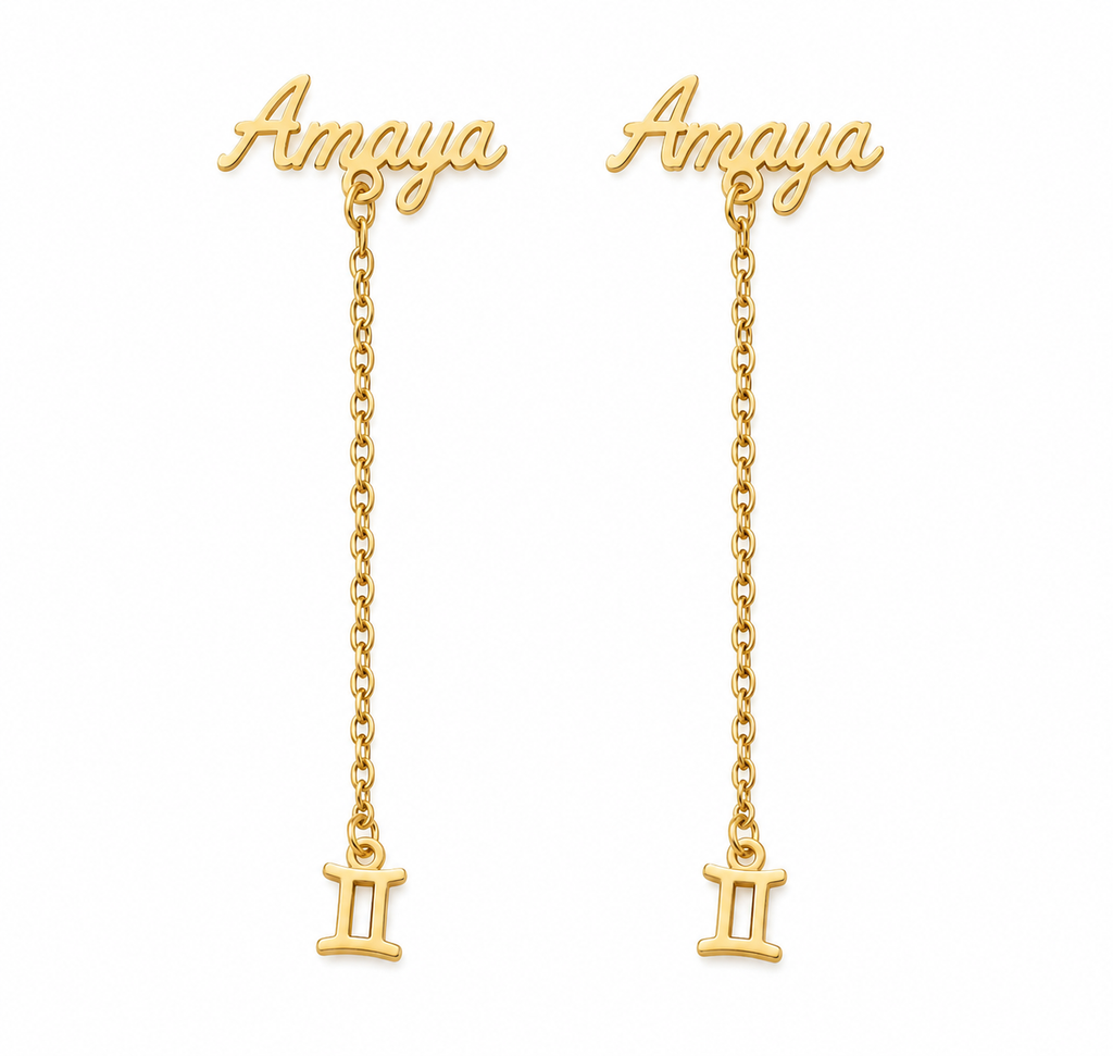 Boucles d’oreilles prénom personnalisées Amaya dorées avec pendentif inspiration tabouret Akan