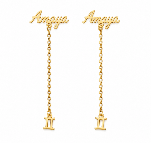 Boucles d’oreilles prénom personnalisées Amaya dorées avec pendentif inspiration tabouret Akan