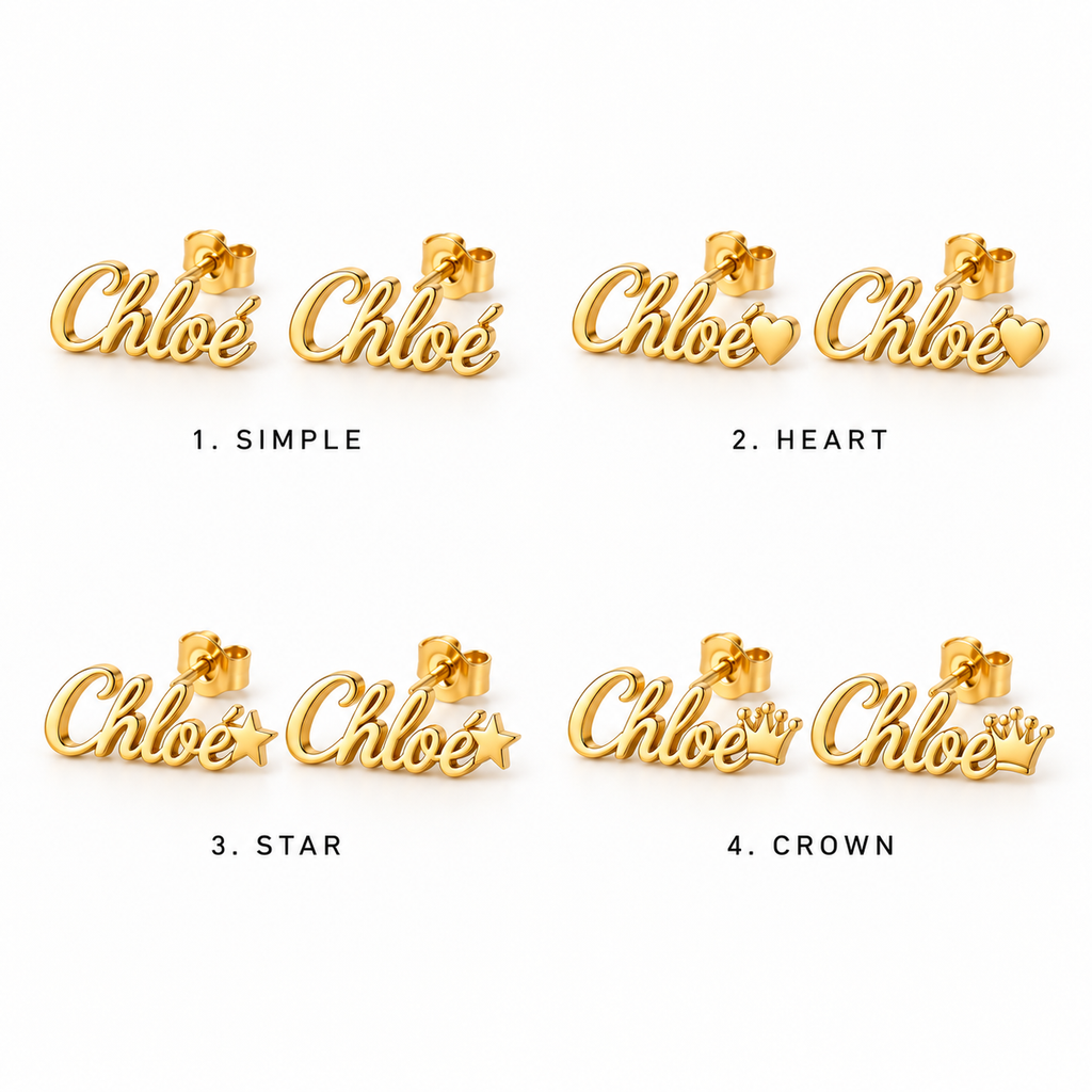 Boucles d’oreilles prénom personnalisées enfant écriture cursive – SIGNATURE CURSIVE fiche des 4 variantes