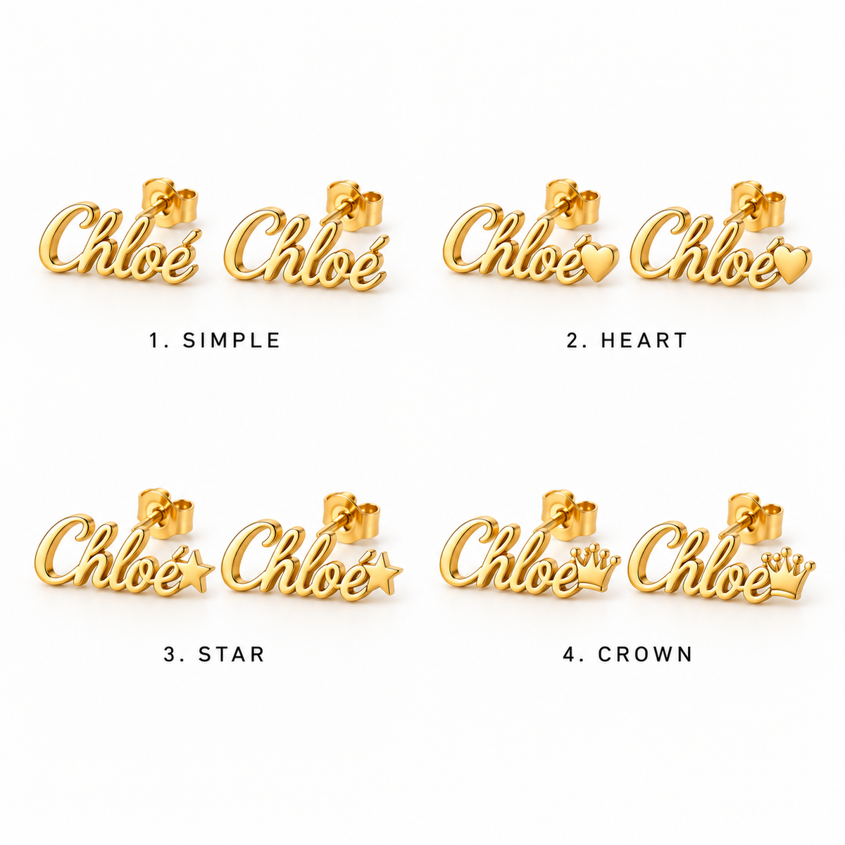 Boucles d’oreilles prénom personnalisées enfant écriture cursive – SIGNATURE CURSIVE fiche des 4 variantes